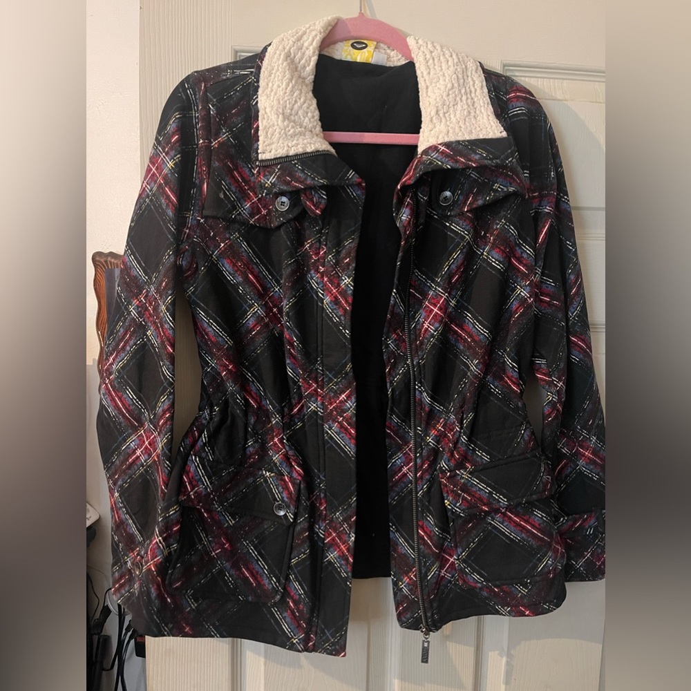 M juniors Roxy plaid Roxy Jacket/sweater Sherpa collar EUC